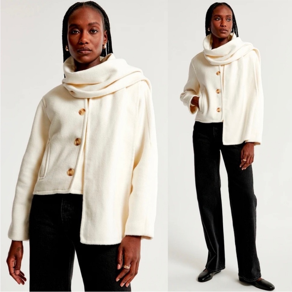 NWT Abercrombie & Fitch Cream Removable Scarf Wool Blend Jacket